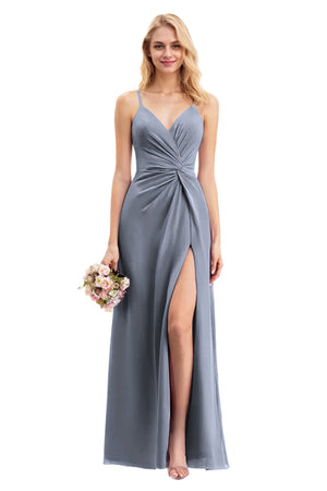 A-line V-Neck Floor-Length Chiffon Bridesmaid Dress With Ruffle