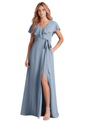 A-line V-Neck Floor-Length Chiffon Bridesmaid Dress With Ruffle