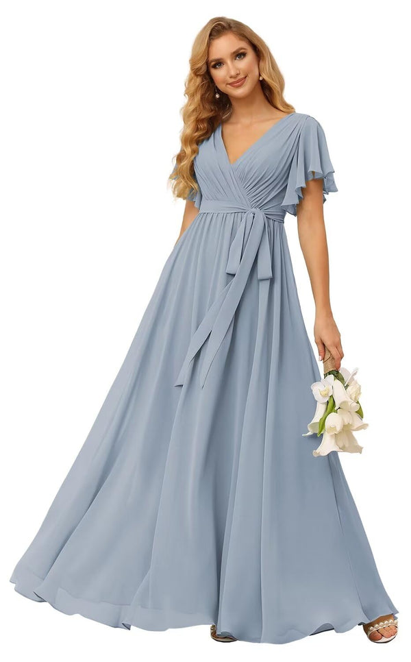 A-line V-Neck Floor-Length Chiffon Bridesmaid Dress With Ruffle