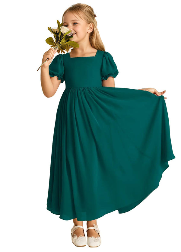 A-line Scoop-Neck Short Sleeves Chiffon Junior Bridesmaid Dress