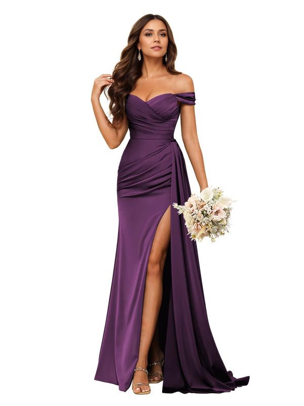 Trumpet/Mermaid Off the Shoulder Sweep Train Satin Prom Dresses