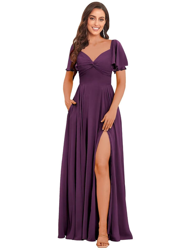 A-line V-Neck Floor-Length Chiffon Bridesmaid Dress With Ruffle