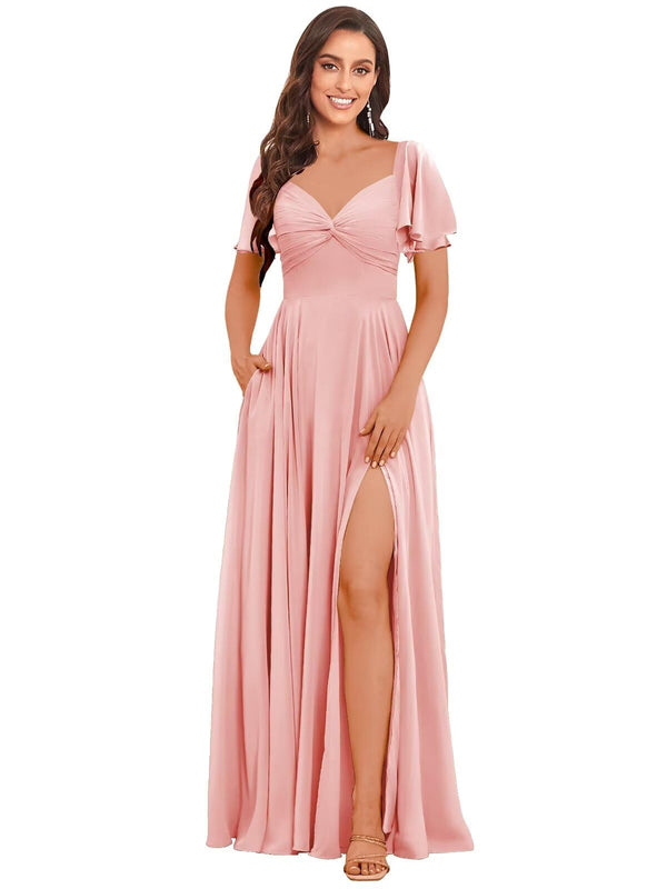 A-line V-Neck Floor-Length Chiffon Bridesmaid Dress With Ruffle