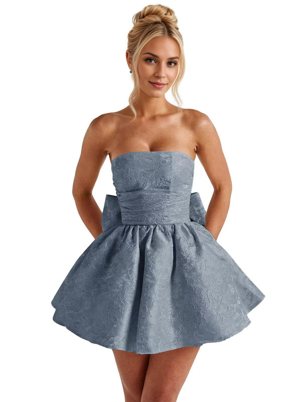 A-Line Strapless Short Jacquard Prom Dresses With Bow