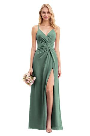 A-line V-Neck Floor-Length Chiffon Bridesmaid Dress With Ruffle