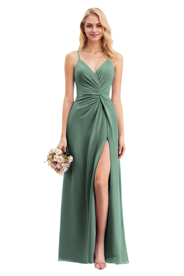 A-line V-Neck Floor-Length Chiffon Bridesmaid Dress With Ruffle