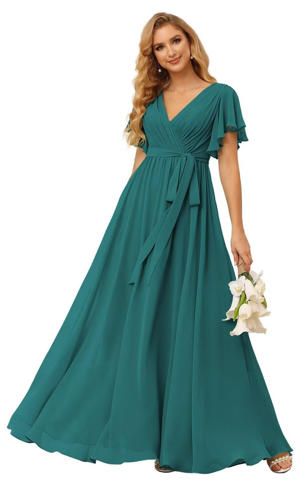 A-line V-Neck Floor-Length Chiffon Bridesmaid Dress With Ruffle