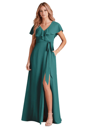 A-line V-Neck Floor-Length Chiffon Bridesmaid Dress With Ruffle