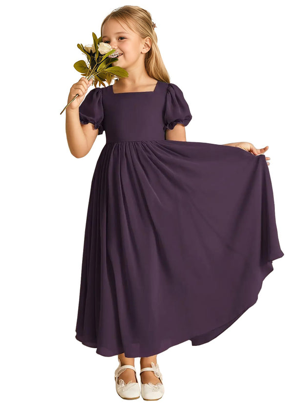 A-line Scoop-Neck Short Sleeves Chiffon Junior Bridesmaid Dress