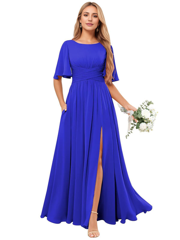 A-line Scoop Floor-Length Chiffon Bridesmaid Dress With Ruffle