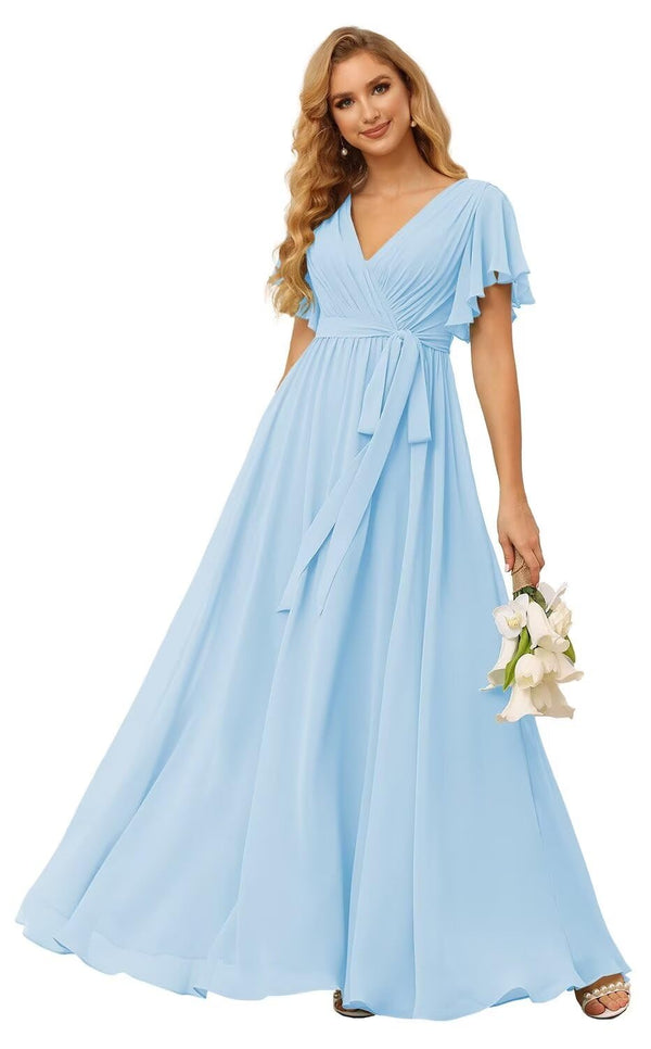A-line V-Neck Floor-Length Chiffon Bridesmaid Dress With Ruffle