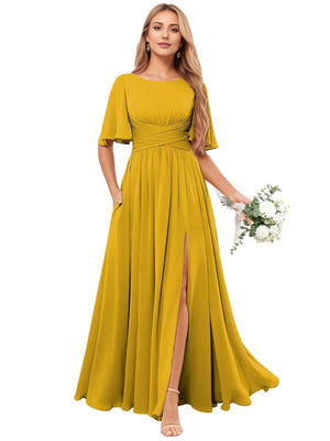 A-line Scoop Floor-Length Chiffon Bridesmaid Dress With Ruffle