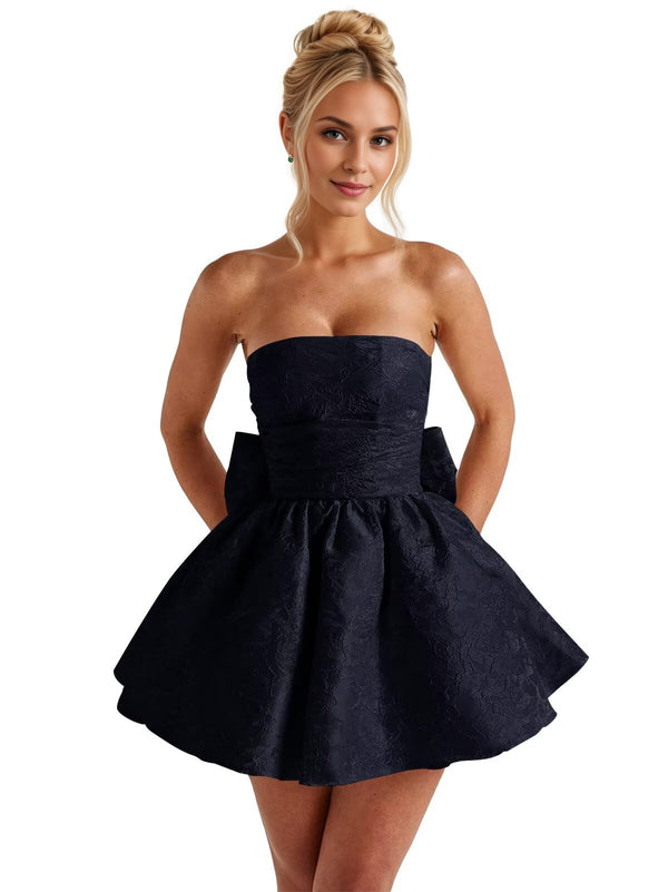 A-Line Strapless Short Jacquard Prom Dresses With Bow