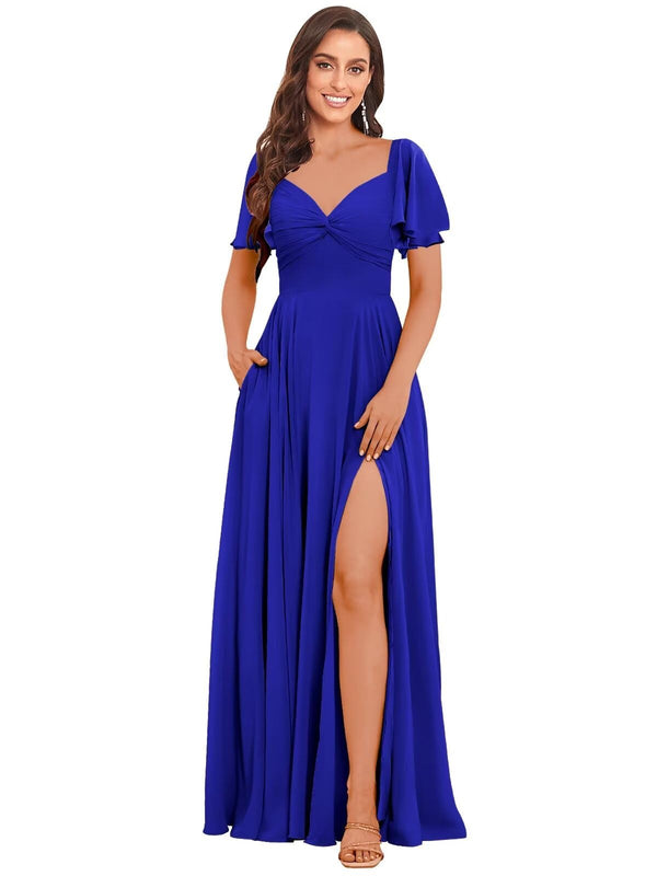 A-line V-Neck Floor-Length Chiffon Bridesmaid Dress With Ruffle
