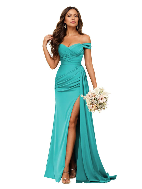 Trumpet/Mermaid Off the Shoulder Sweep Train Satin Prom Dresses