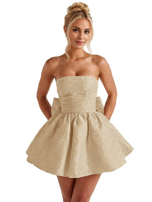 A-Line Strapless Short Jacquard Prom Dresses With Bow