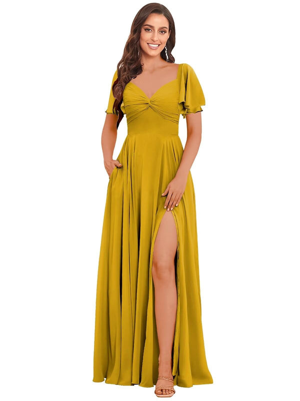 A-line V-Neck Floor-Length Chiffon Bridesmaid Dress With Ruffle