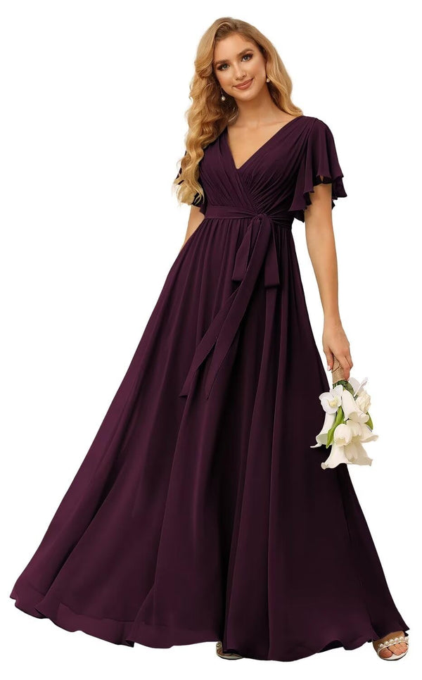 A-line V-Neck Floor-Length Chiffon Bridesmaid Dress With Ruffle