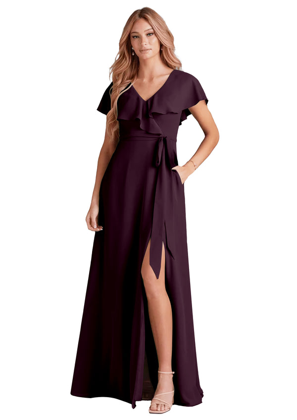 A-line V-Neck Floor-Length Chiffon Bridesmaid Dress With Ruffle