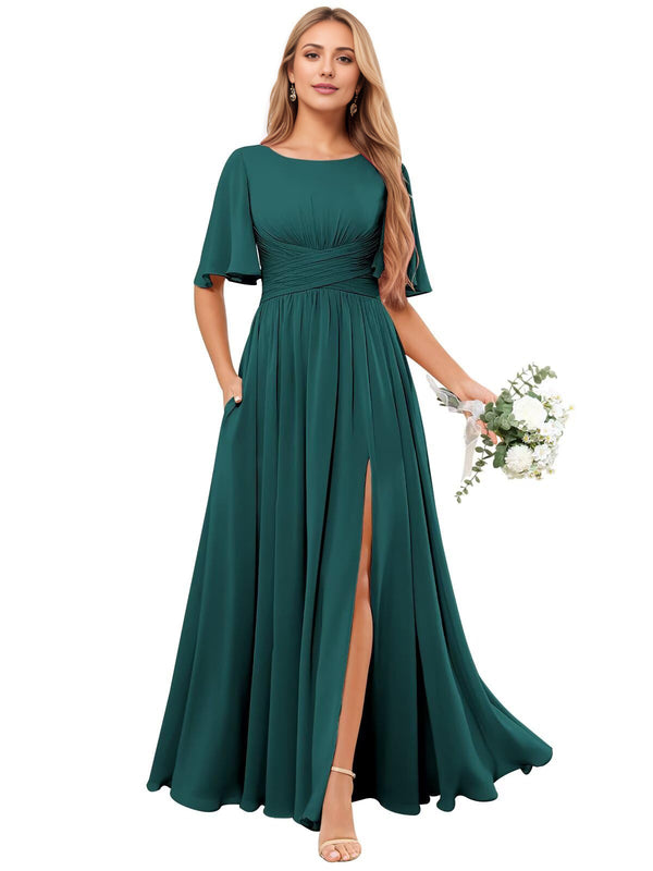 A-line Scoop Floor-Length Chiffon Bridesmaid Dress With Ruffle