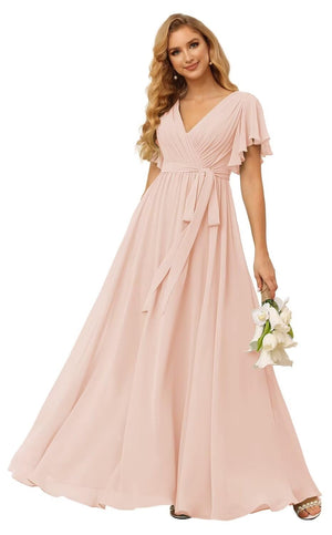 A-line V-Neck Floor-Length Chiffon Bridesmaid Dress With Ruffle