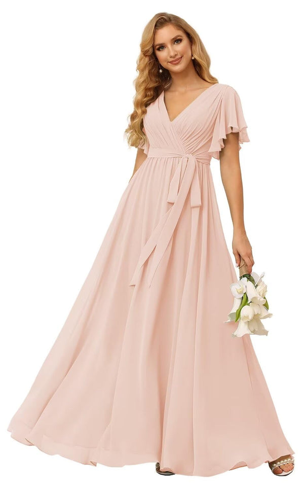 A-line V-Neck Floor-Length Chiffon Bridesmaid Dress With Ruffle