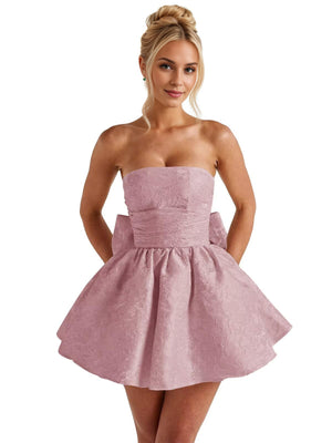 A-Line Strapless Short Jacquard Prom Dresses With Bow