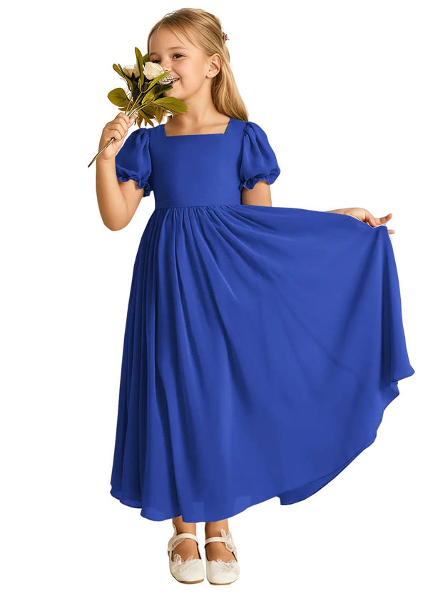 A-line Scoop-Neck Short Sleeves Chiffon Junior Bridesmaid Dress