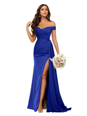 Trumpet/Mermaid Off the Shoulder Sweep Train Satin Prom Dresses