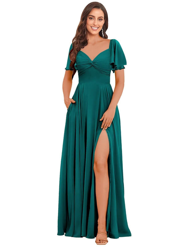 A-line V-Neck Floor-Length Chiffon Bridesmaid Dress With Ruffle