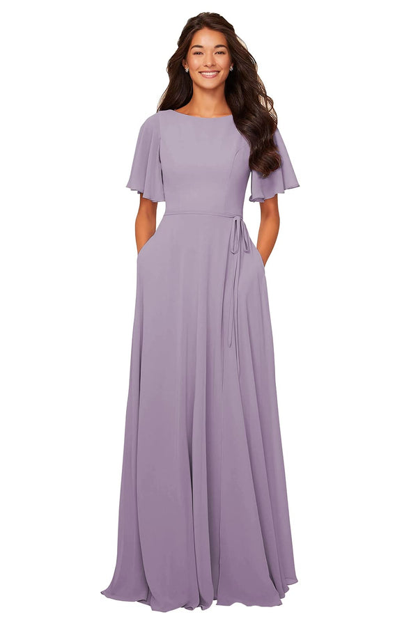 A-line Scoop Floor-Length Chiffon Bridesmaid Dress With Ruffle
