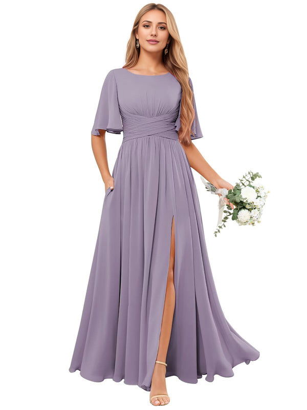 A-line Scoop Floor-Length Chiffon Bridesmaid Dress With Ruffle