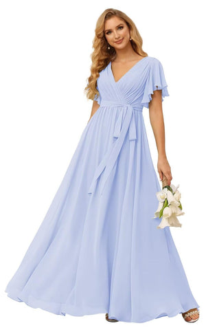 A-line V-Neck Floor-Length Chiffon Bridesmaid Dress With Ruffle