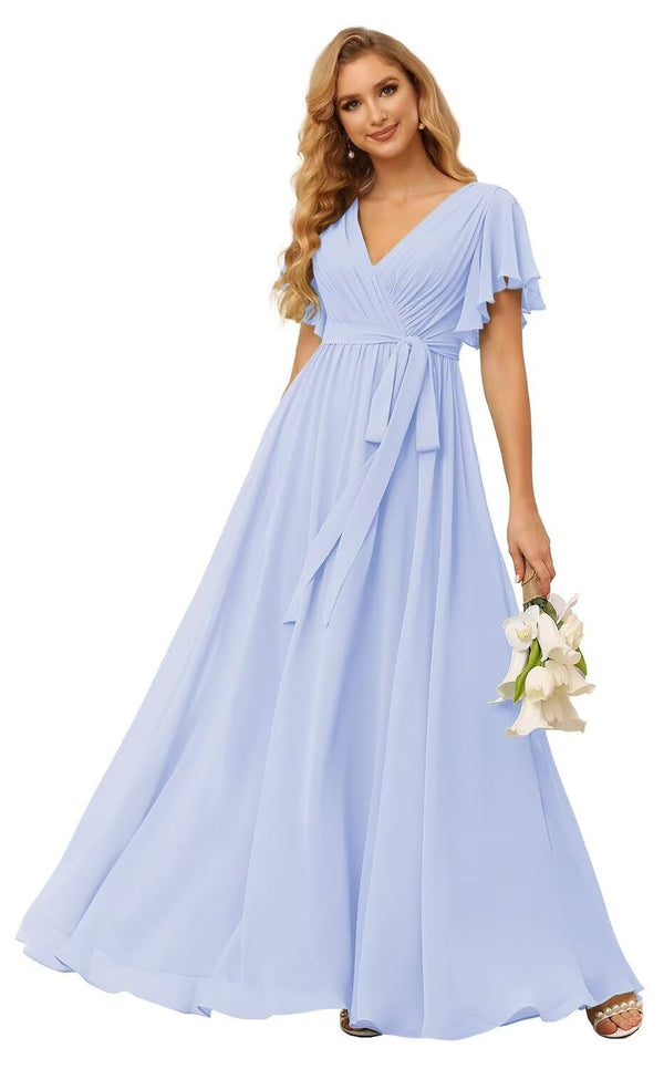 A-line V-Neck Floor-Length Chiffon Bridesmaid Dress With Ruffle