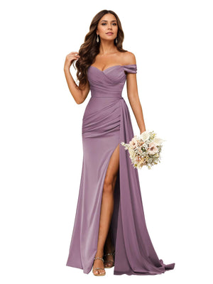Trumpet/Mermaid Off the Shoulder Sweep Train Satin Prom Dresses