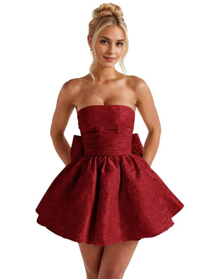 A-Line Strapless Short Jacquard Prom Dresses With Bow