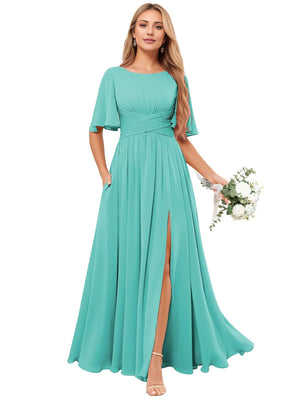 A-line Scoop Floor-Length Chiffon Bridesmaid Dress With Ruffle