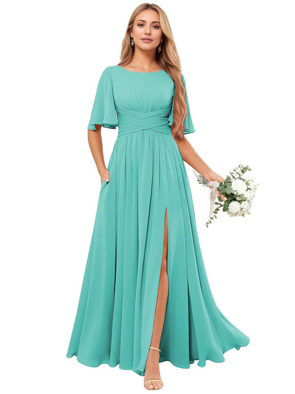 A-line Scoop Floor-Length Chiffon Bridesmaid Dress With Ruffle