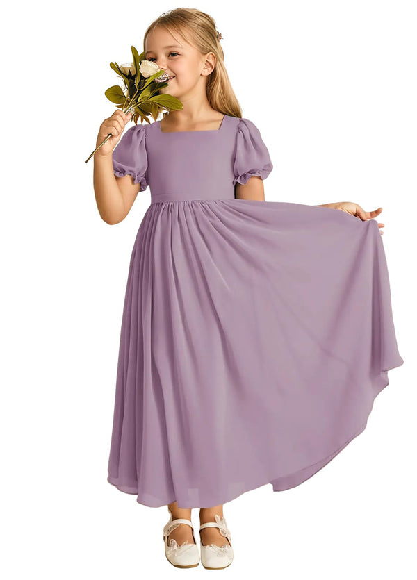 A-line Scoop-Neck Short Sleeves Chiffon Junior Bridesmaid Dress