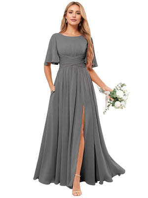 A-line Scoop Floor-Length Chiffon Bridesmaid Dress With Ruffle