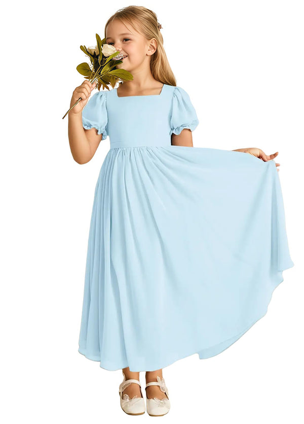 A-line Scoop-Neck Short Sleeves Chiffon Junior Bridesmaid Dress