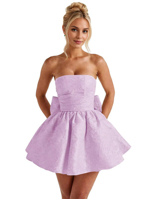 A-Line Strapless Short Jacquard Prom Dresses With Bow