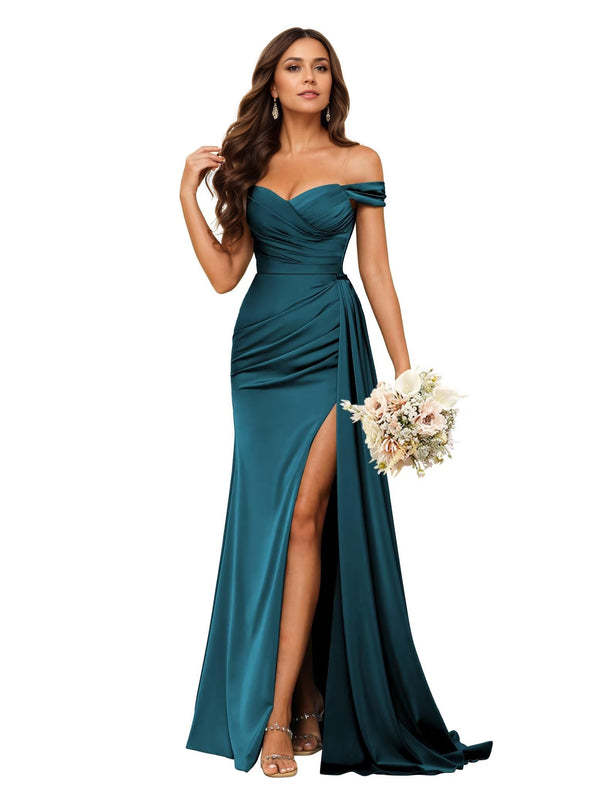 Trumpet/Mermaid Off the Shoulder Sweep Train Satin Prom Dresses