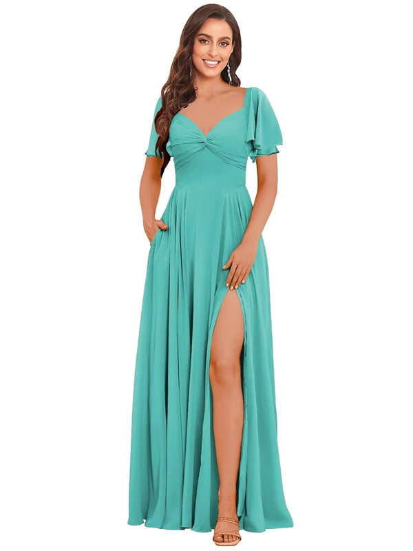 A-line V-Neck Floor-Length Chiffon Bridesmaid Dress With Ruffle
