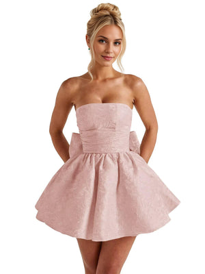 A-Line Strapless Short Jacquard Prom Dresses With Bow