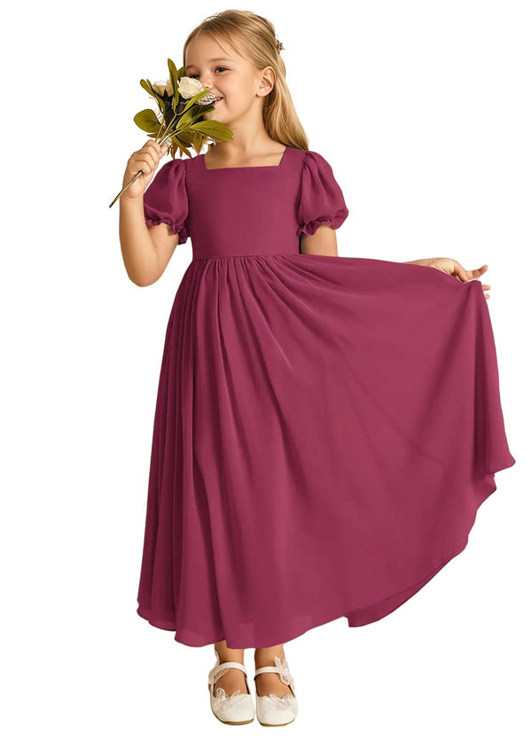 A-line Scoop-Neck Short Sleeves Chiffon Junior Bridesmaid Dress