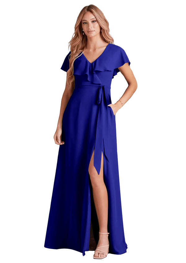 A-line V-Neck Floor-Length Chiffon Bridesmaid Dress With Ruffle