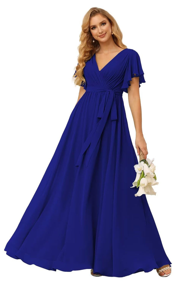 A-line V-Neck Floor-Length Chiffon Bridesmaid Dress With Ruffle