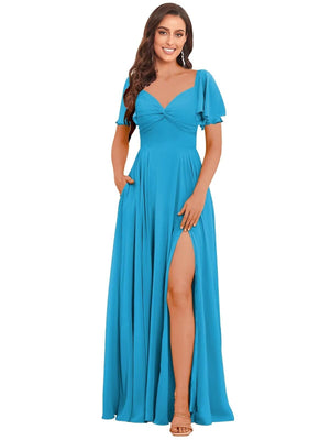 A-line V-Neck Floor-Length Chiffon Bridesmaid Dress With Ruffle