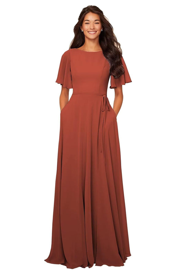 A-line Scoop Floor-Length Chiffon Bridesmaid Dress With Ruffle